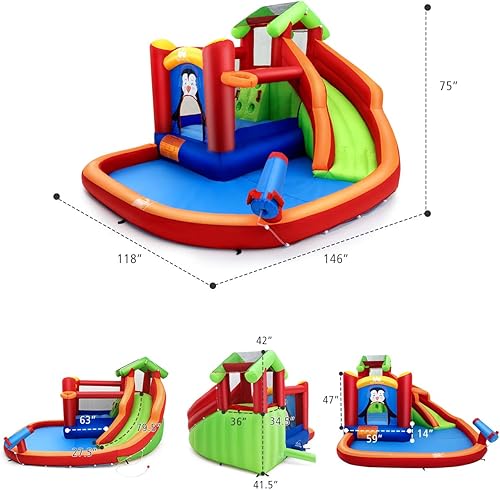 Miniatura 7 de Tobogán acuático BOUNTECH hinchable, casa para saltar, 6 en 1 con pared para escalar, piscina para chapotear, cañón de agua, aro de baloncesto,