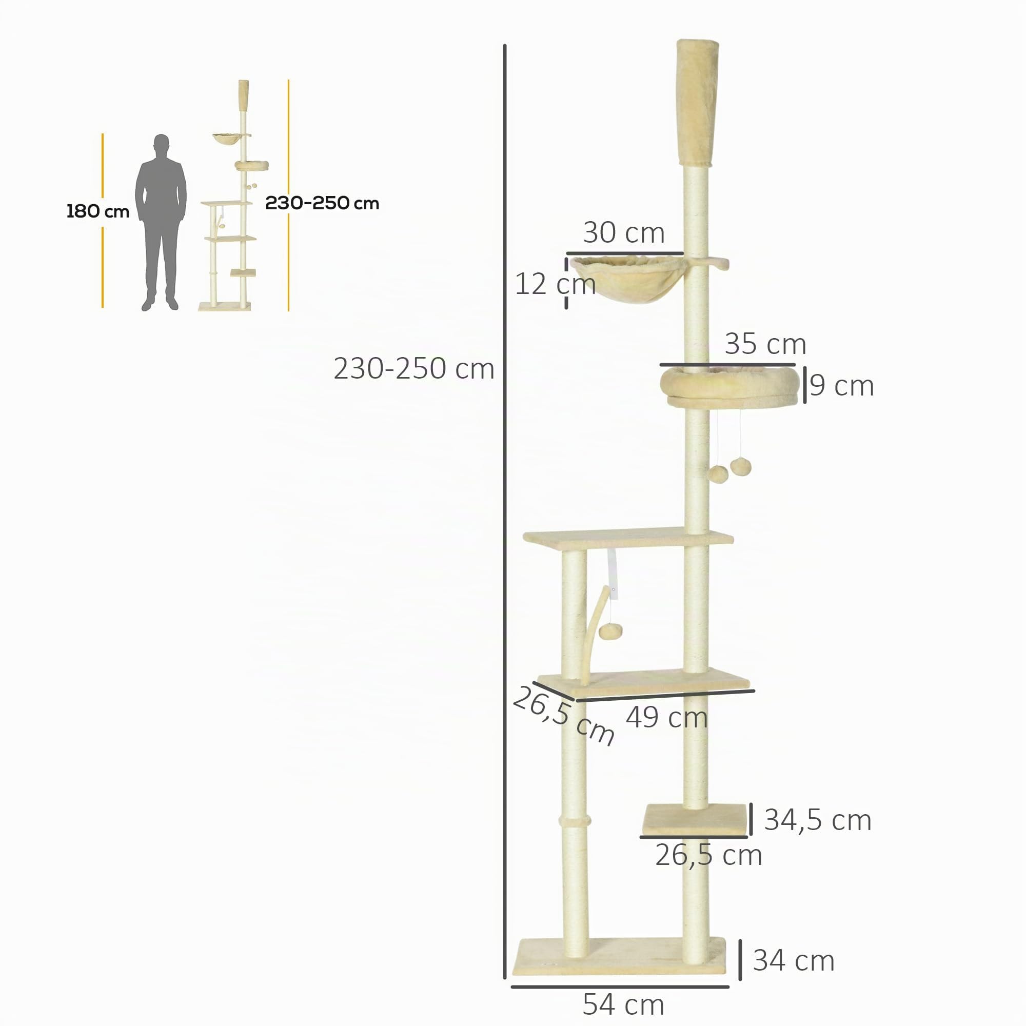 PawHut Árbol para Gatos de Suelo a Techo Altura Ajustable 230-250 cm Beige | Árbol Rascador para Gatos, Múltiples Plataformas, Cestos, Hamaca, Bolas Colgantes