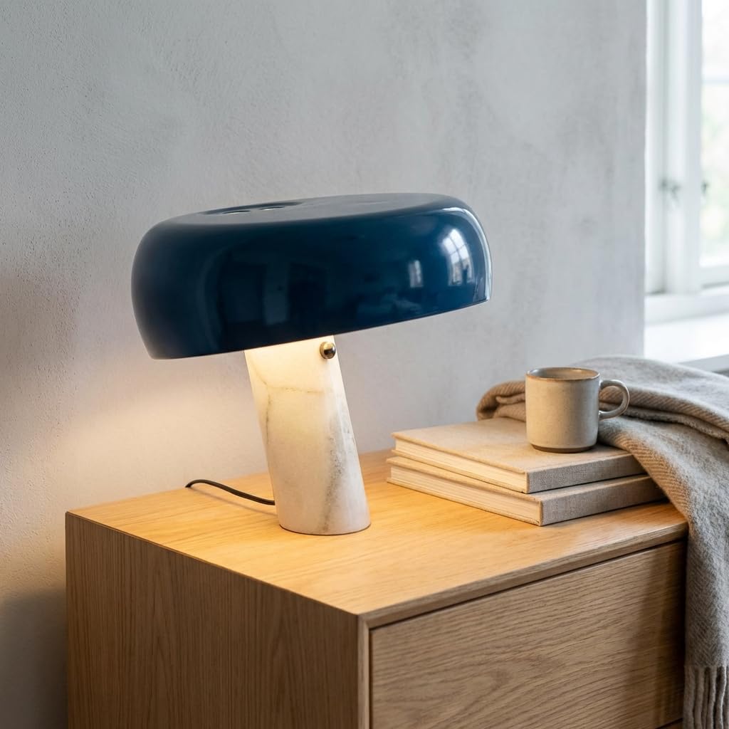 BARCELONA LED Lámpara de Mesa Moderna Azul con Base de Mármol Blanco, Diseño Clásico y Lujoso para Escritorio, Mesita de Noche o Sala, Estilo Retro y Elegante Pequeña Luz Directa E27, 40cm