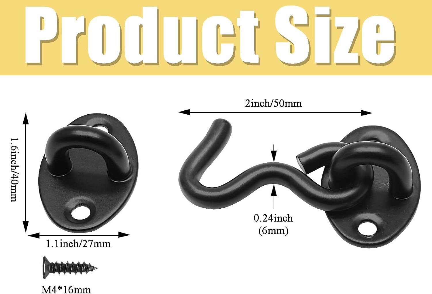 Waziaqoc 2PCS 2 Inch Hook and Eye Latch for Door, Black Stainless Steel Heavy Duty Door Lock, Privacy Lock Latch with Mounting Screws for Door, Window, Sheds, Fences, Gates