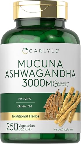 Carlyle Mucuna con Ashwagandha  3000 mg  250 cápsulas  Suplemento de mucuna pruriens  Vegetariano, sin OMG, sin gluten