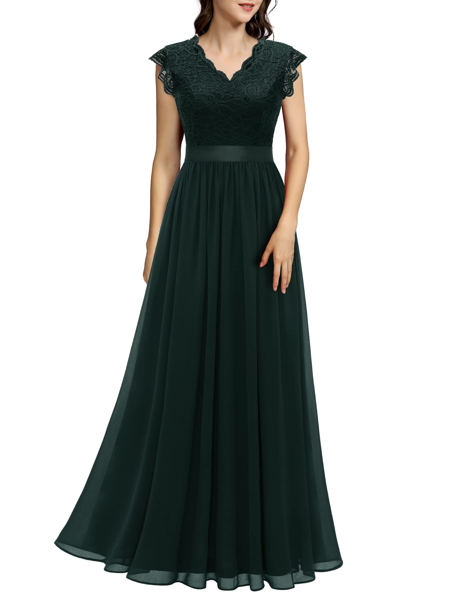 Dressystar Damen Abendkleid Lang Elegant für Hochzeit Spitze Chiffon Maxi Ballkleider Flügelärmel Cocktailkeider