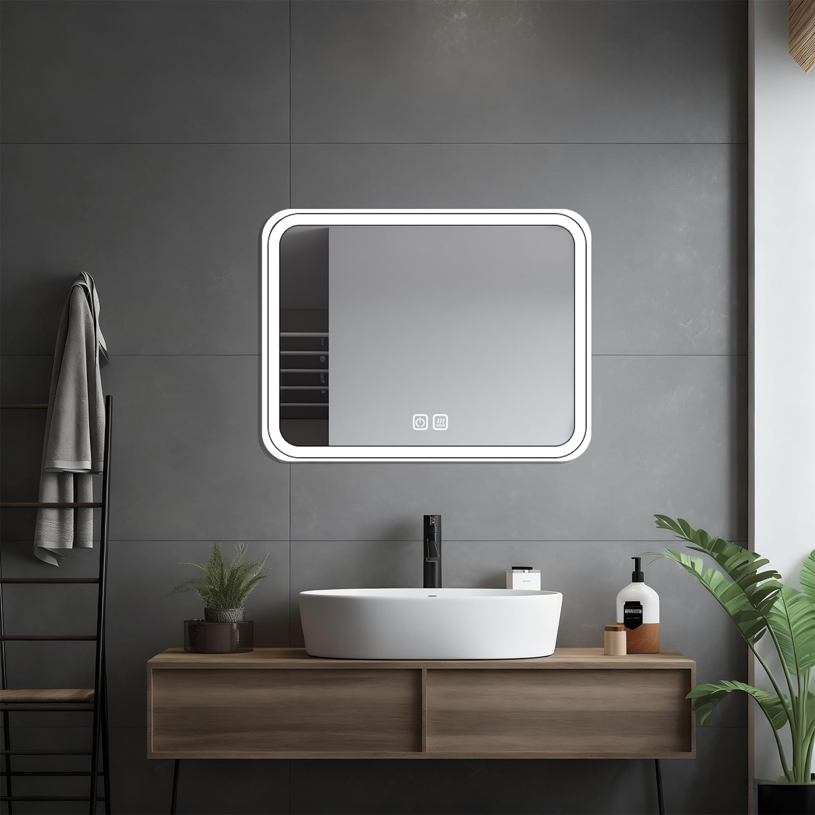 HIGHBATH 40 x 60 cm Large Lighted Vanity Mirror with Dimmable 3 Modes and Demister Pad, LED Makeup Mirror for Bathroom ๏ผ Dressing Room, Tabletop or Wall-Mounted,Horizontal/Vertical, White