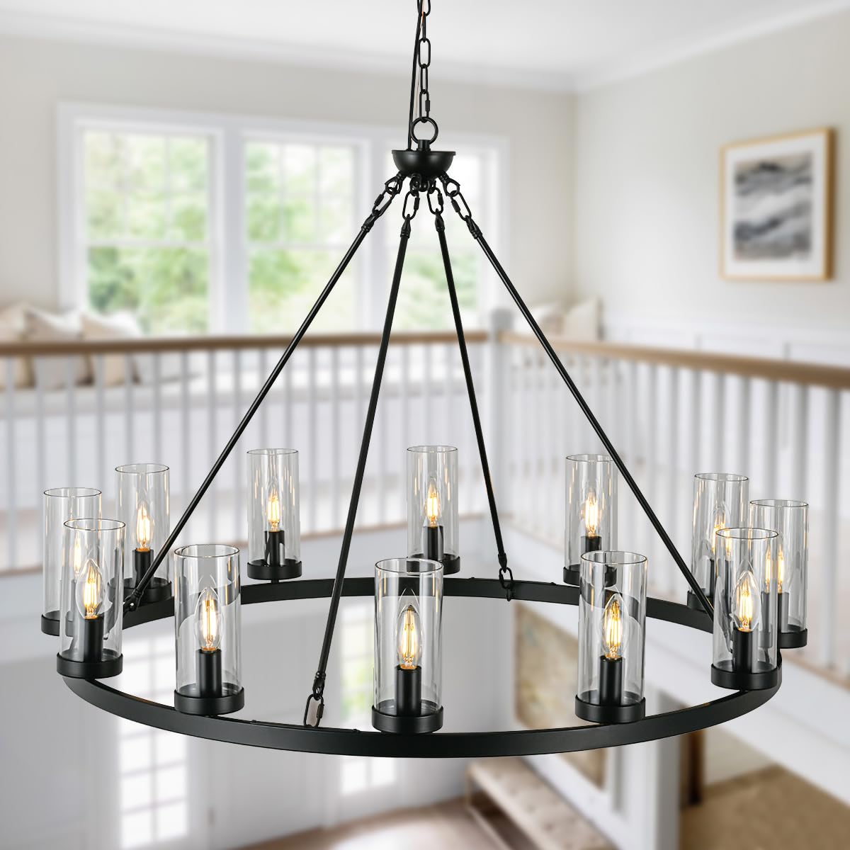 Psyverii 35 Inch Black Wagon Wheel Chandelier with Glass