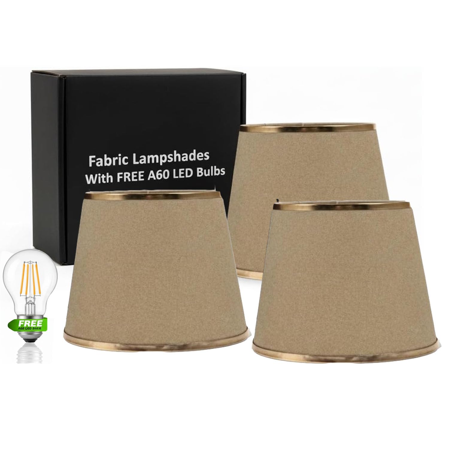 LEDSone 3 Pack 22cm Turmeric Burlap Fabric Lampshade Tapered Drum Shade with A60 LED Bulb Easy Fit Ceiling Table Lamp Shade for Home Bedroom Living Room Office Decor — image 1