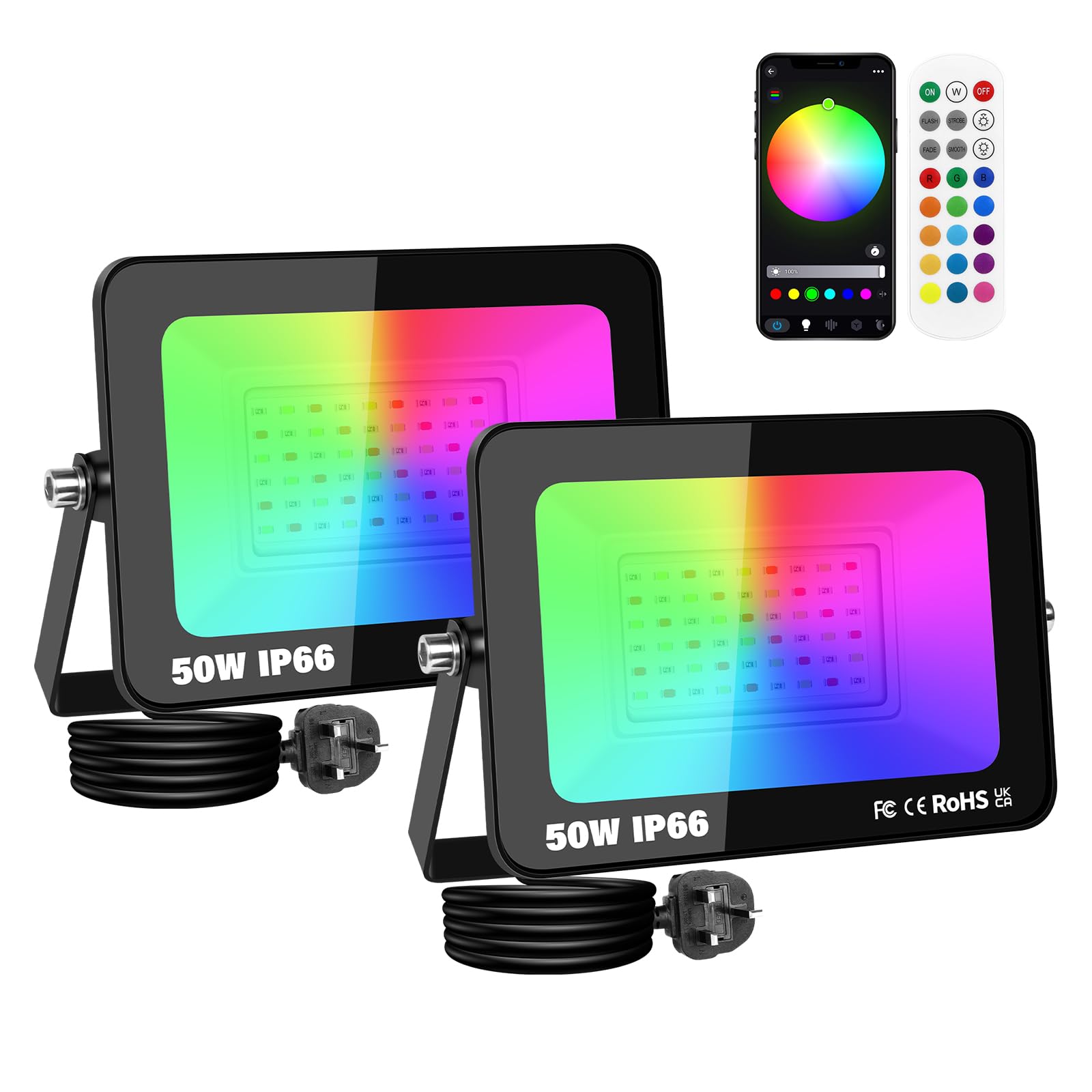 SKYWORLD 2 Pcs Outdoor RGB LED Floodlight, 50W Smart RGB Flood Light