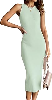 Women's 2025 Summer Bodycon Midi Dress Casual Sleeveless Ribbed Sweater Back Slit Beach Party Work Long Dresses - Buy now