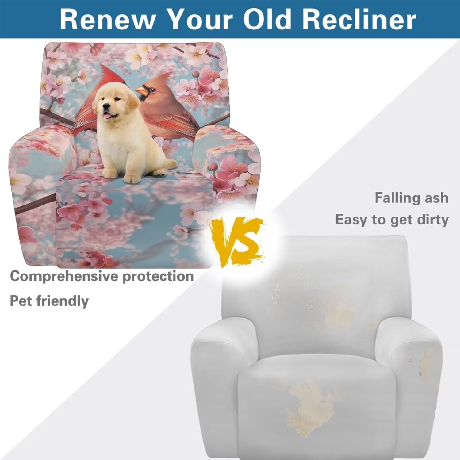 Cardinal Bird Pink Cherry Flower Print Stretch Recliner Slipcover Single Reclining Cover with Pocket for Lazyboy Recliner Chair 4 Pcs Furniture Protector