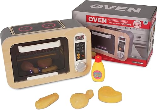 Horno de juguete de madera - Juego interactivo para hornear y horno, sonidos y luces de cocina realistas, palillos y alas de pollo frito que cambian