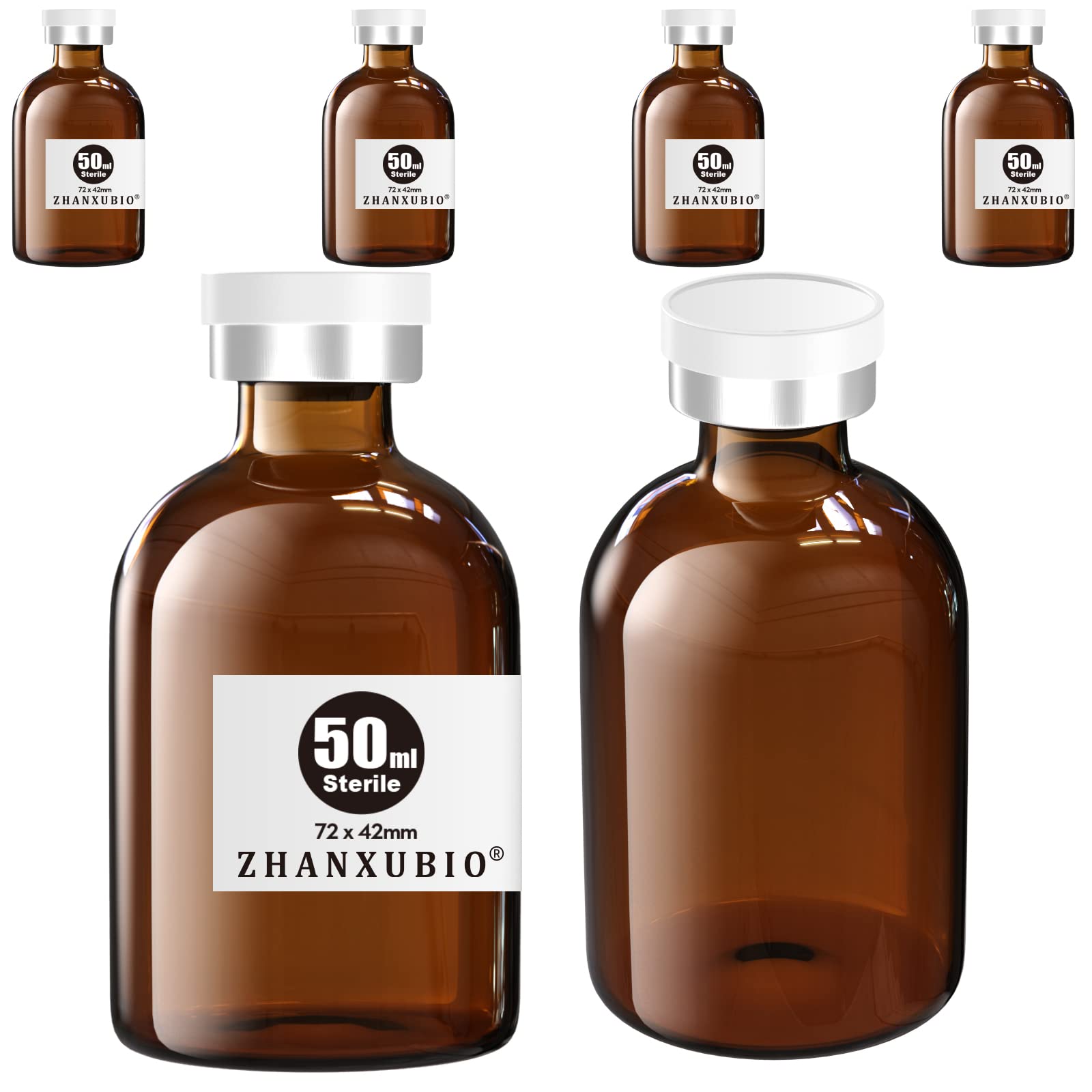 Sterile Empty Vials with Self Healing Injection Port and Aluminum Plastic Cap,Sterile Package (50ml Amber 6PCS)