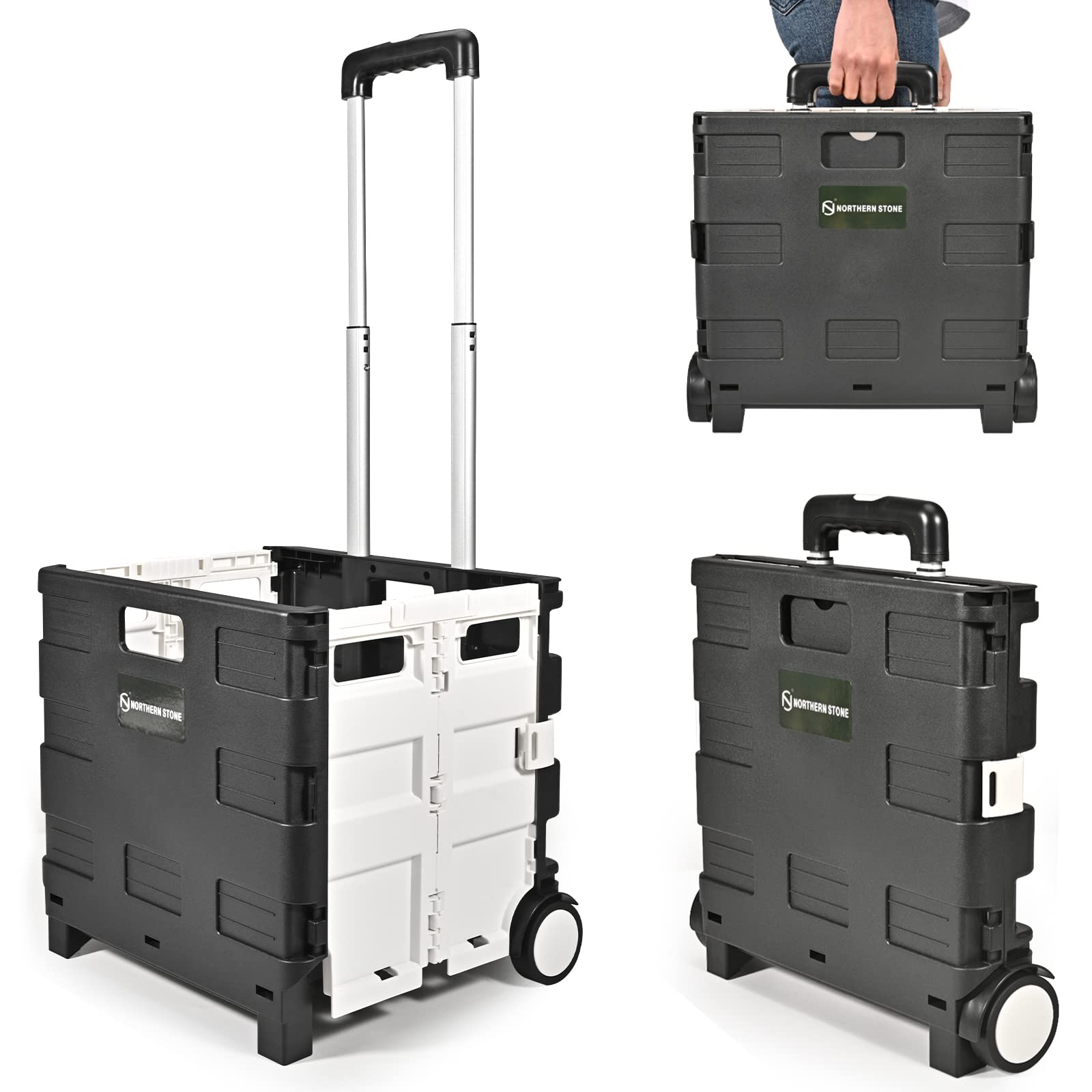 NORTHERN STONE Folding Shopping Trolley Cart, Boot Cart w/Noiseless Wheel & Adjustable Telescopic Aluminium Handle, Collapsible Utility Trolley Box for Shopping, Garden & Camping