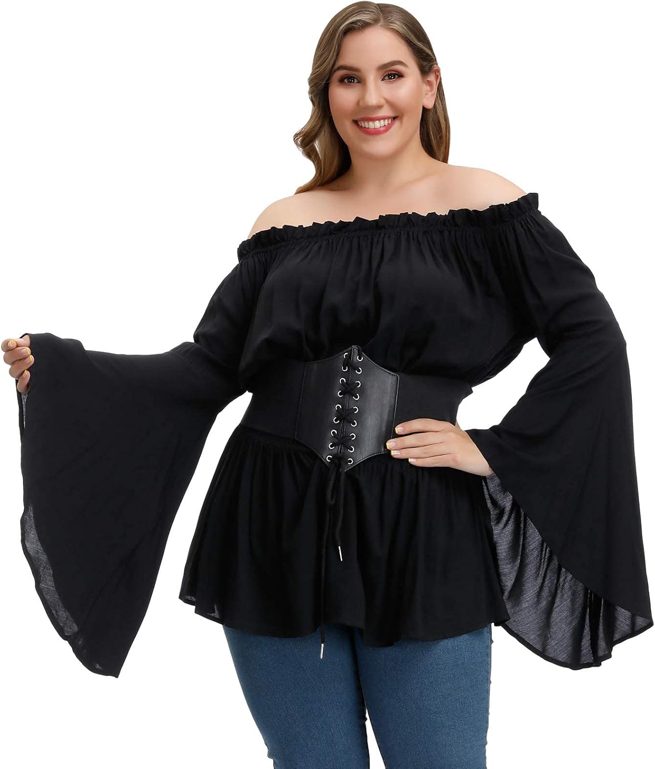 Hanna Nikole Womens Plus Size Renaissance Blouse Off Shoulder Trumpet Sleeve Peasant Tops - Image 2