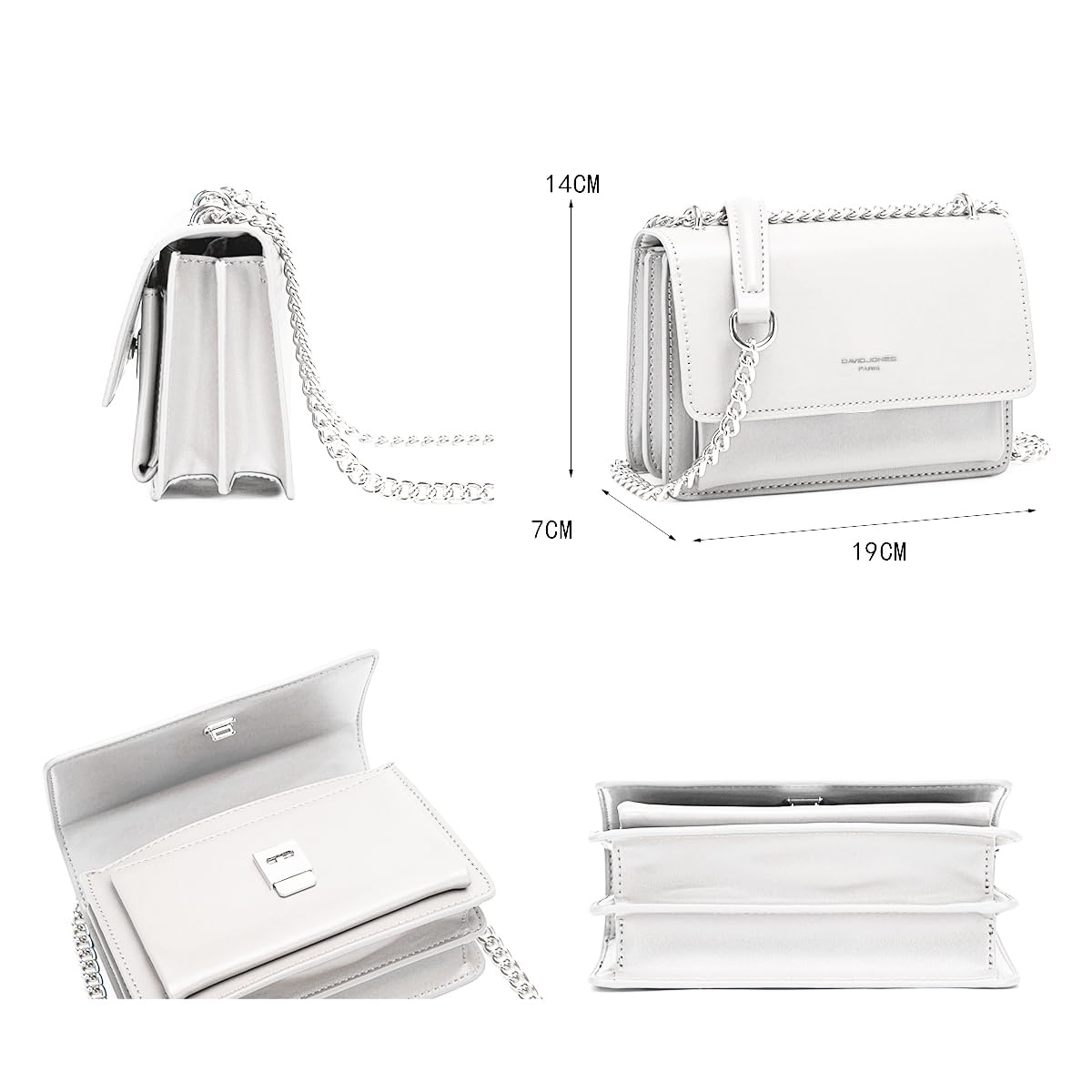 David Jones - Pequeño Bolso Bandolera Cadena Mujer - Bolsos de Hombro Cruzado Cuero PU - Mensajero Crossbody Bag - Bolso Mano Zip Embrague Clutch Pochette Noche Telefono - Blanco