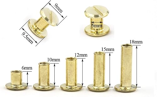 Miniatura 2 de Juego de 90 tornillos Chicago surtidos, 5 tamaños, remaches de cuero dorado de 0.197 in, remaches de tornillo planos, postes de encuadernación de