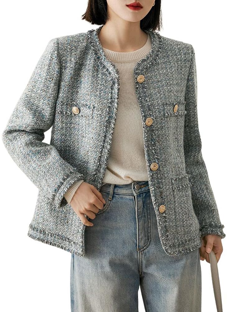 chouyatou Womens Elegant Houndstooth Tweed Jacket Button Down Fringed Tassel Blazer Jacket Coat
