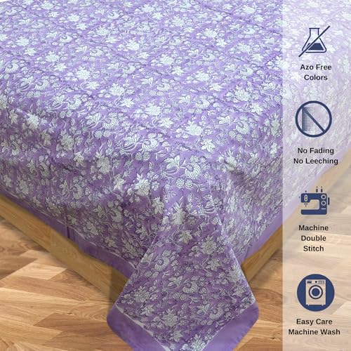Image of TOAI Hand Block Printed Bedsheet | Bed Sheet Flatsheet | Pure Cotton | Double Bed Queen Size 90 inchx108 inch | 300 TC Bedsheets | Includes 2 Pillow Covers (Lavander Kalamkari)