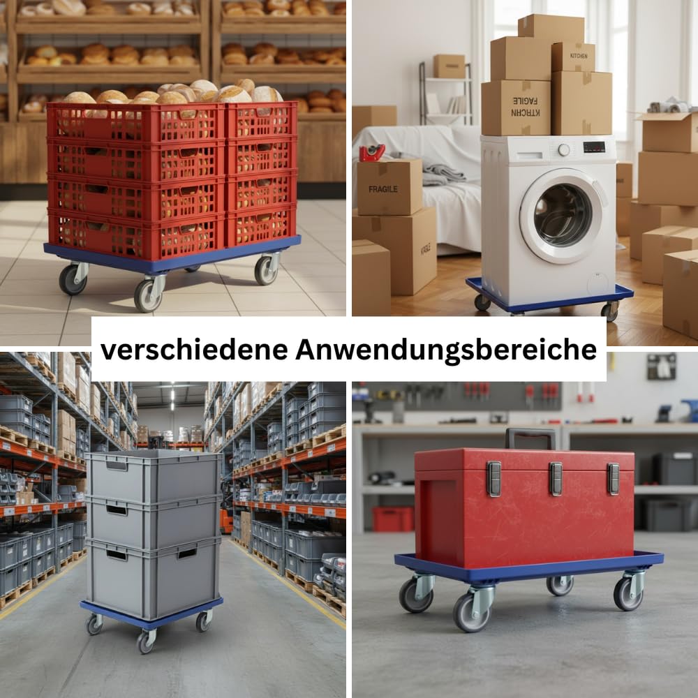 Transportroller Kunststoff 60x40 cm, Blau, 10 Stück – 4 Leichtlauf-Lenkrollen, Traglast 250 kg – ideal für Kisten & Euroboxen, stabile Transporthilfe