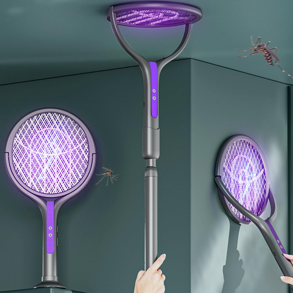 Scacciamosche elettrico 2800V 6 in 1 con testa rotante ricaricabile asta telescopica trappola insetti USB
