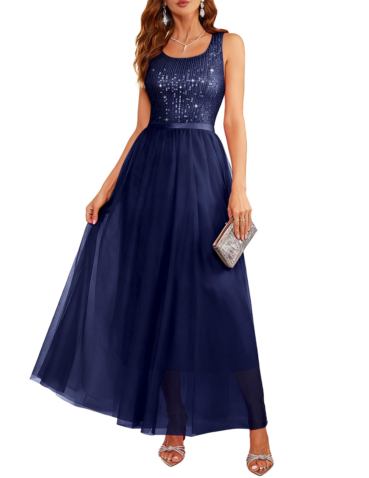 BeryLove Sequin Dress for Woman Vintage A Line Wedding Formal Swing Mesh Dress Sleeveless Cocktail Maxi Gowns