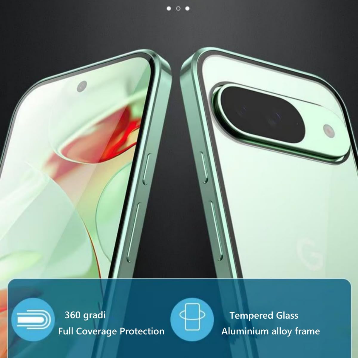 CLYDITE Cover per Google Pixel 9/Google Pixel 9 Pro Nero vetro temperato [2 Pack] Silicone TPU 360°anello girevole Supporto cassa del telefono dell'auto case Antiurto Grado Militare Custodie