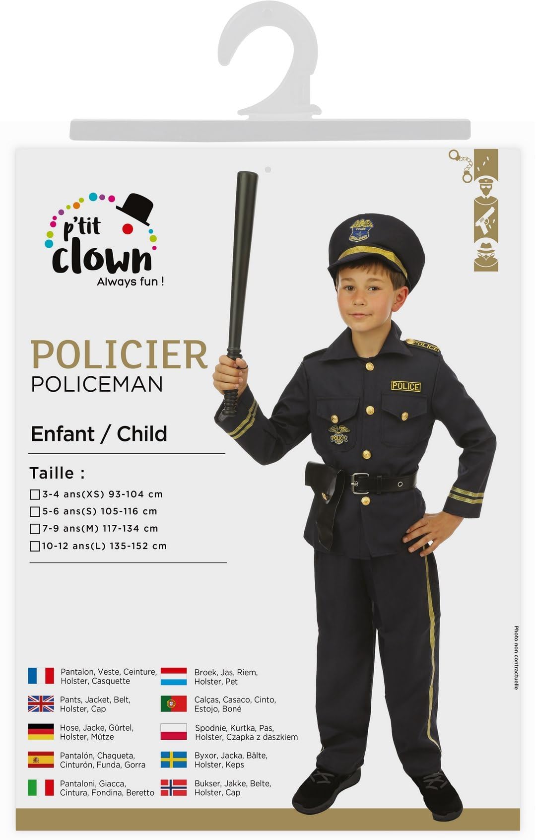 P'TIT CLOWN - Disfraz de policía infantil, unisex, para niños, niñas, disfraz perfecto para carnaval, cumpleaños, Halloween, fiestas de disfraces y eventos temáticos, traje de Cosplay Flic, negro