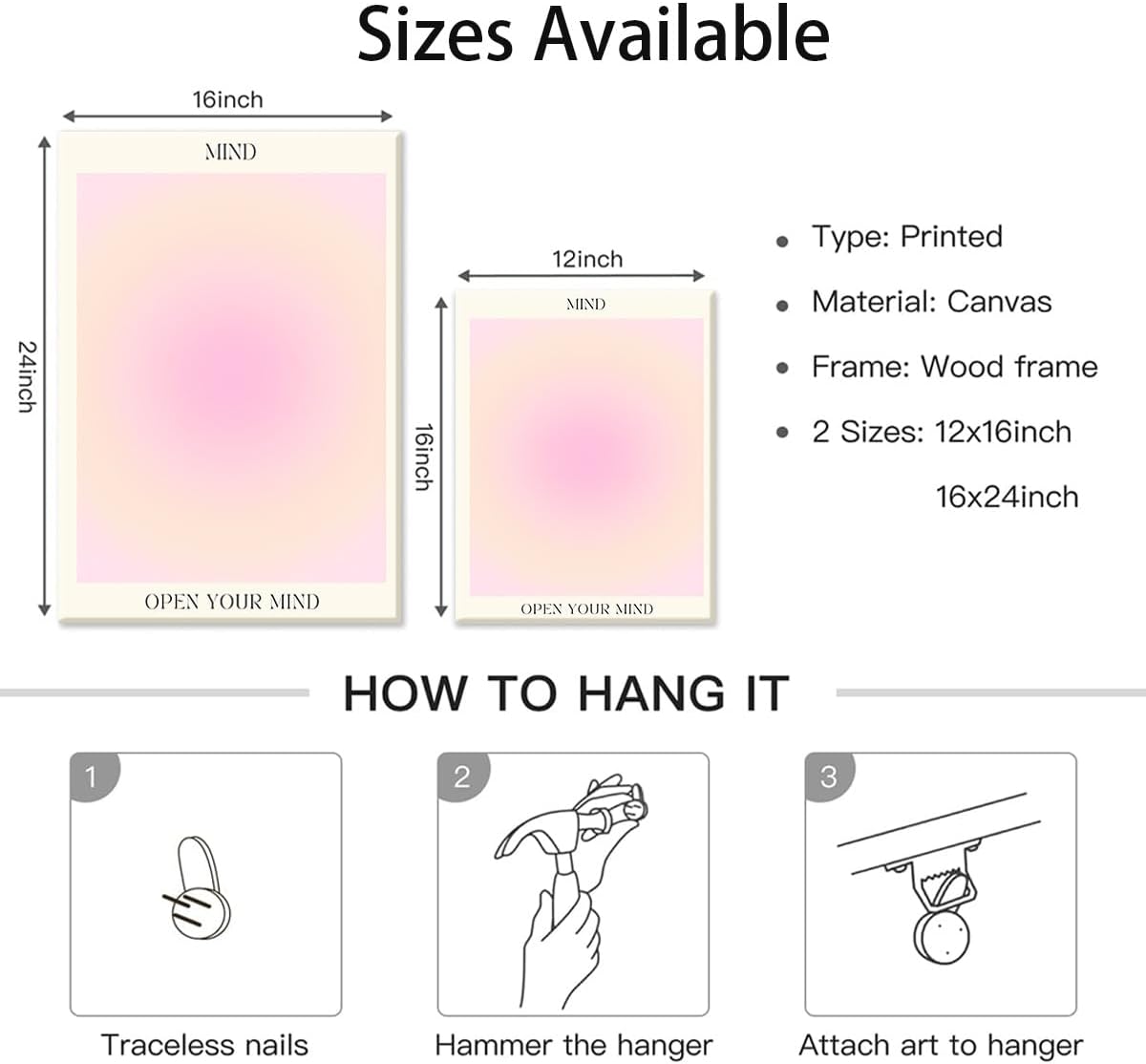 KISSFOX 3 Piece Canvas Wall Art Pink Wall Decor Aura Framed Art Mind Body Soul Pictures Trendy Aesthetic Preppy Paintings For Apartment Dorm Women Girls Bedroom