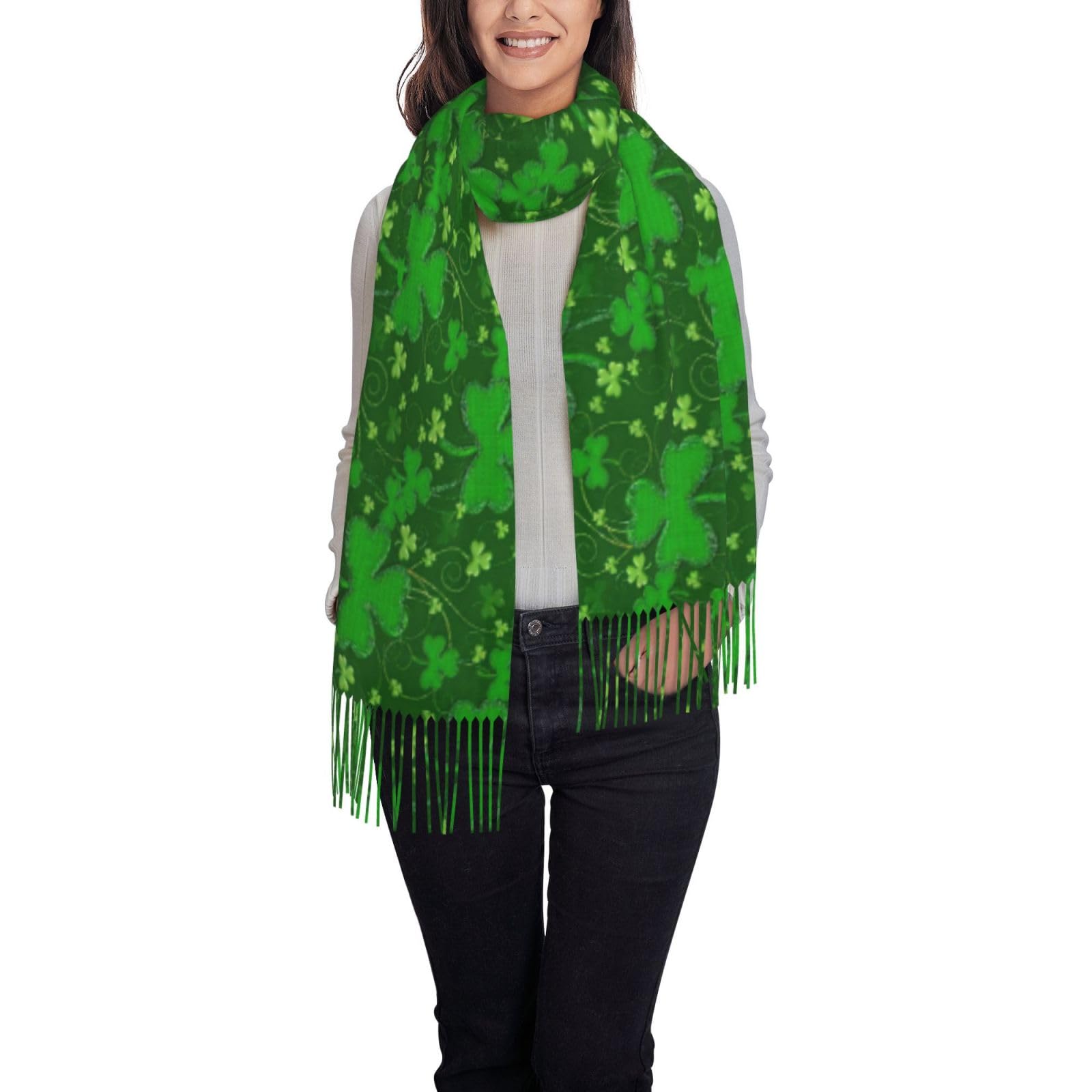 Bkdogkt Background St Patrick'S Day Glitter Print Women'S Fringed Scarf Soft Lightweight Polyester Tassel Scarf Fall Winter Fashion, Black, One Size