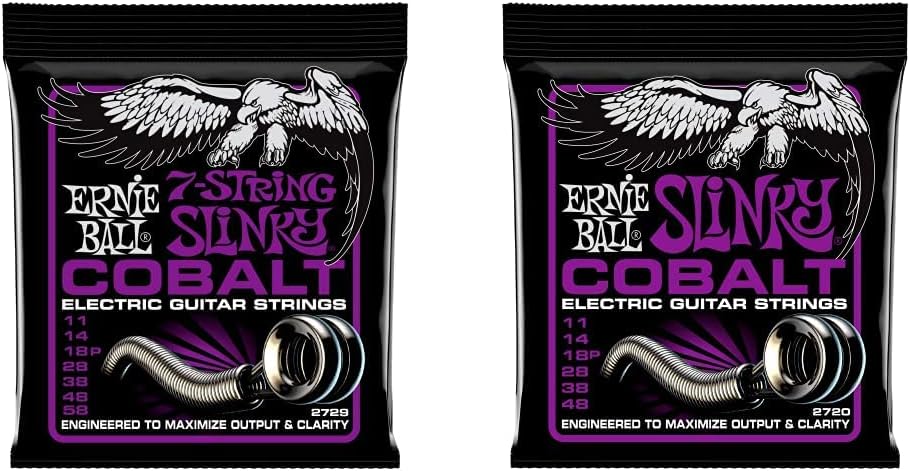 Ernie Ball 7-String Power Slinky Cobalt Electric Guitar Strings, 11-58 Gauge (P02729) & Power Slinky Cobalt Electric Guitar Strings, 11-48 Gauge (P02720)