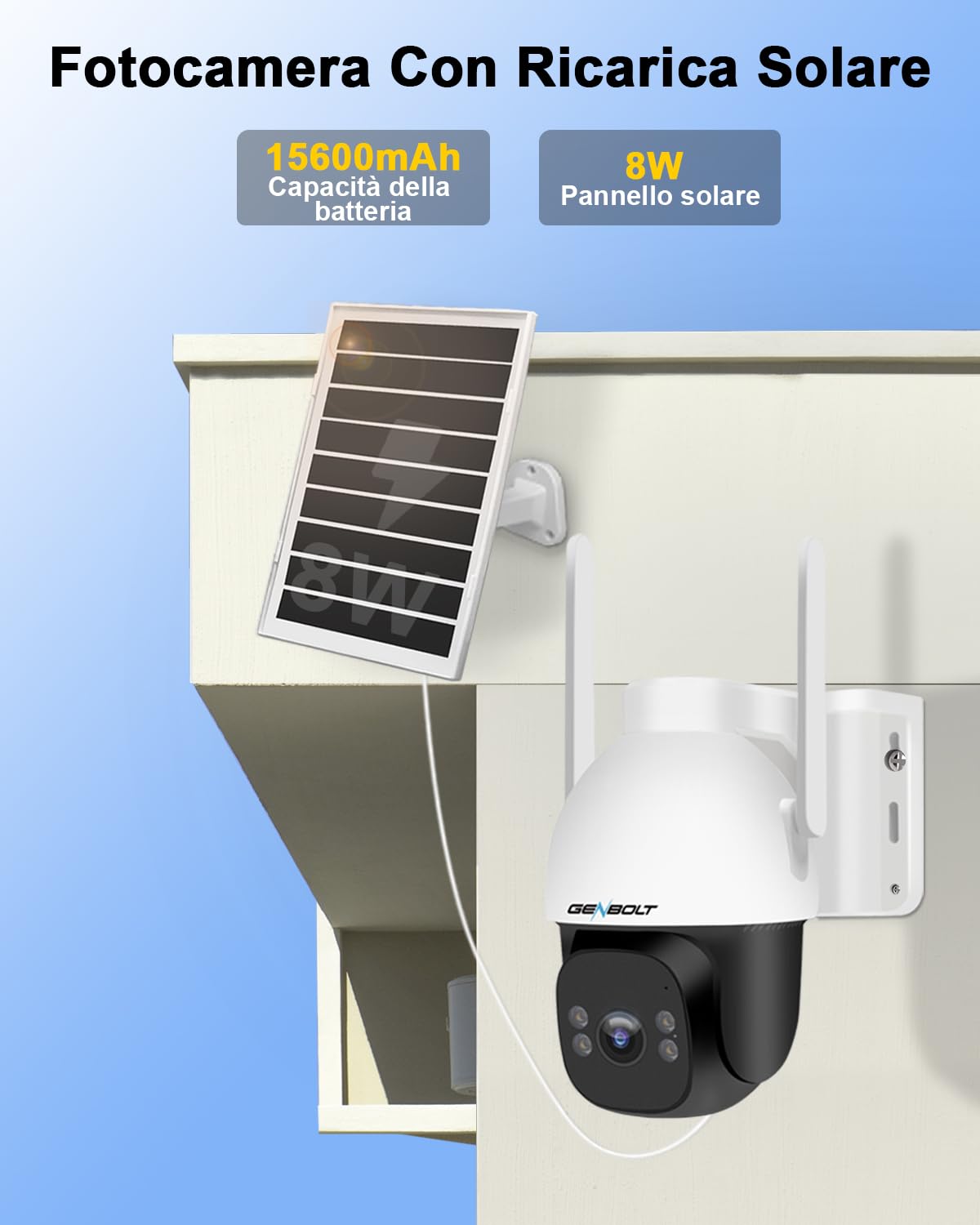 GENBOLT Telecamera Sicurezza Solare 2K 4G LTE Esterna Senza WiFi | Registrazione 24/7, Obiettivo F1.0, Rilevamento IA Uomini, Portata 90 Piedi, AOV