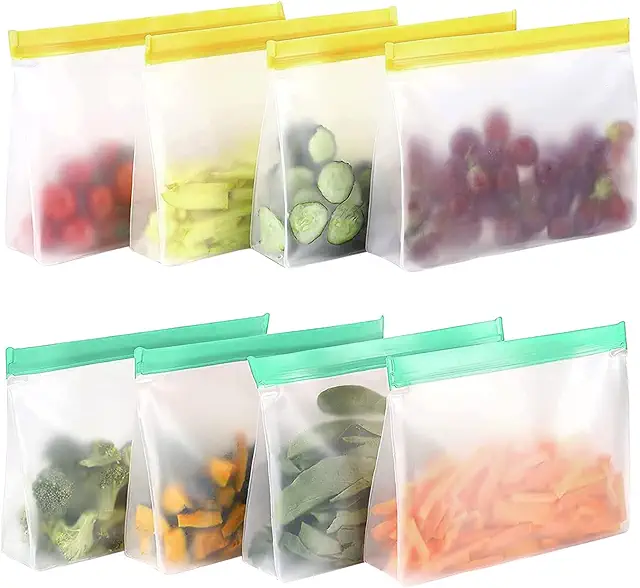 Lot de 8 sacs réutilisables silicone pour congélation, rangement alimentaire