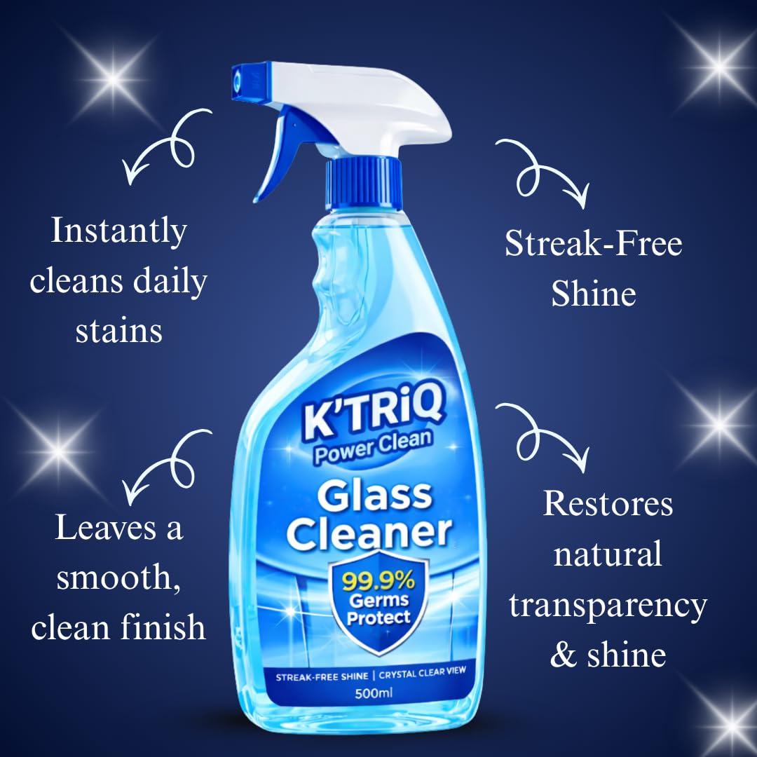 K'TRiQ Glass and Multi-Surface Cleaner Liquid Spray | Pro Glass Cleaner for Car, Kitchen, Home Surfaces, and Household Shine Booster | Disinfectant 500 ml Pack of 1 3