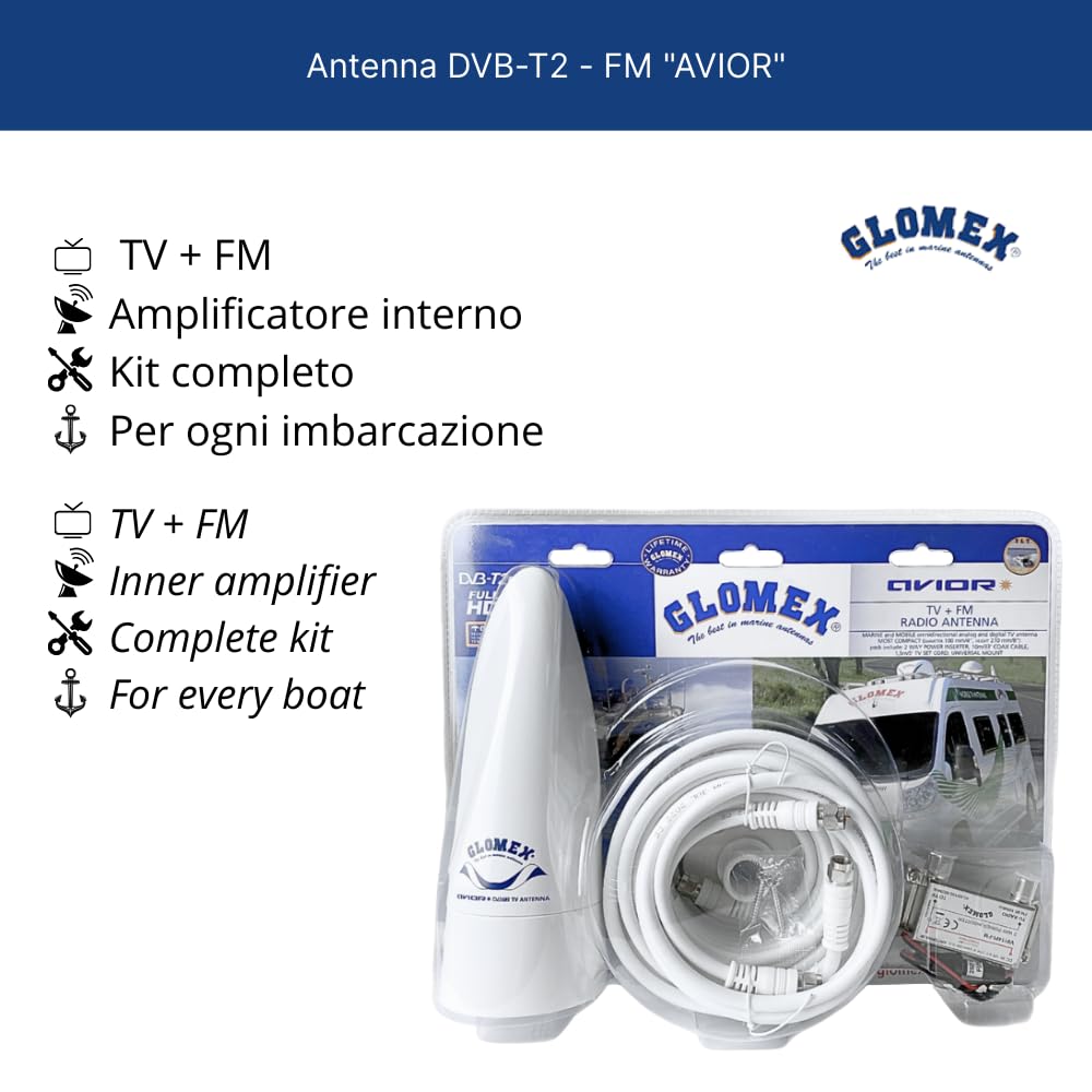 Glomex – Antenne TV terrestre omnidirectionnelle Avior 10 x 21 cm (blanc), modèle VT300 – Amplificateur intérieur, reçoit TV/FM, Kit complet, pour voiliers, moteur, bateaux pneumatiques, yachts