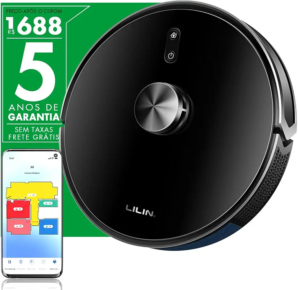 LILIN Robô aspirador de pó X6, Navegação e mapeamento LIDAR, 110/220V Bivolt, Aspirador e esfregão 3 em 1, Mapeamento de vários pisos, Autocarregamento, Conexão WiFi, Funciona com Alexa