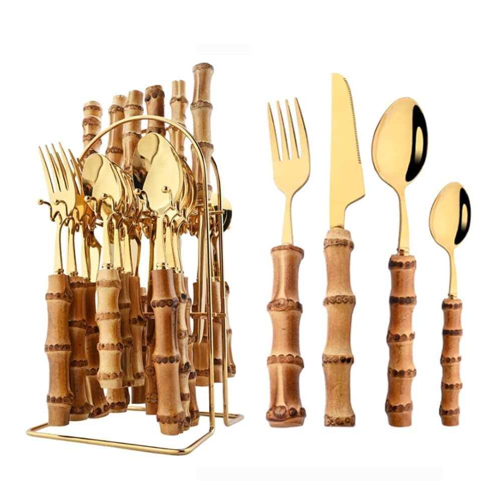 Featured Genuine Bamboo Handle Kitchen Stainless Steel Silverware Tableware Flatware Cutlery Knives Forks Spoons Set Home Steak Knife Dessert Spoon (Gold,24 pieces/cutlery rack)