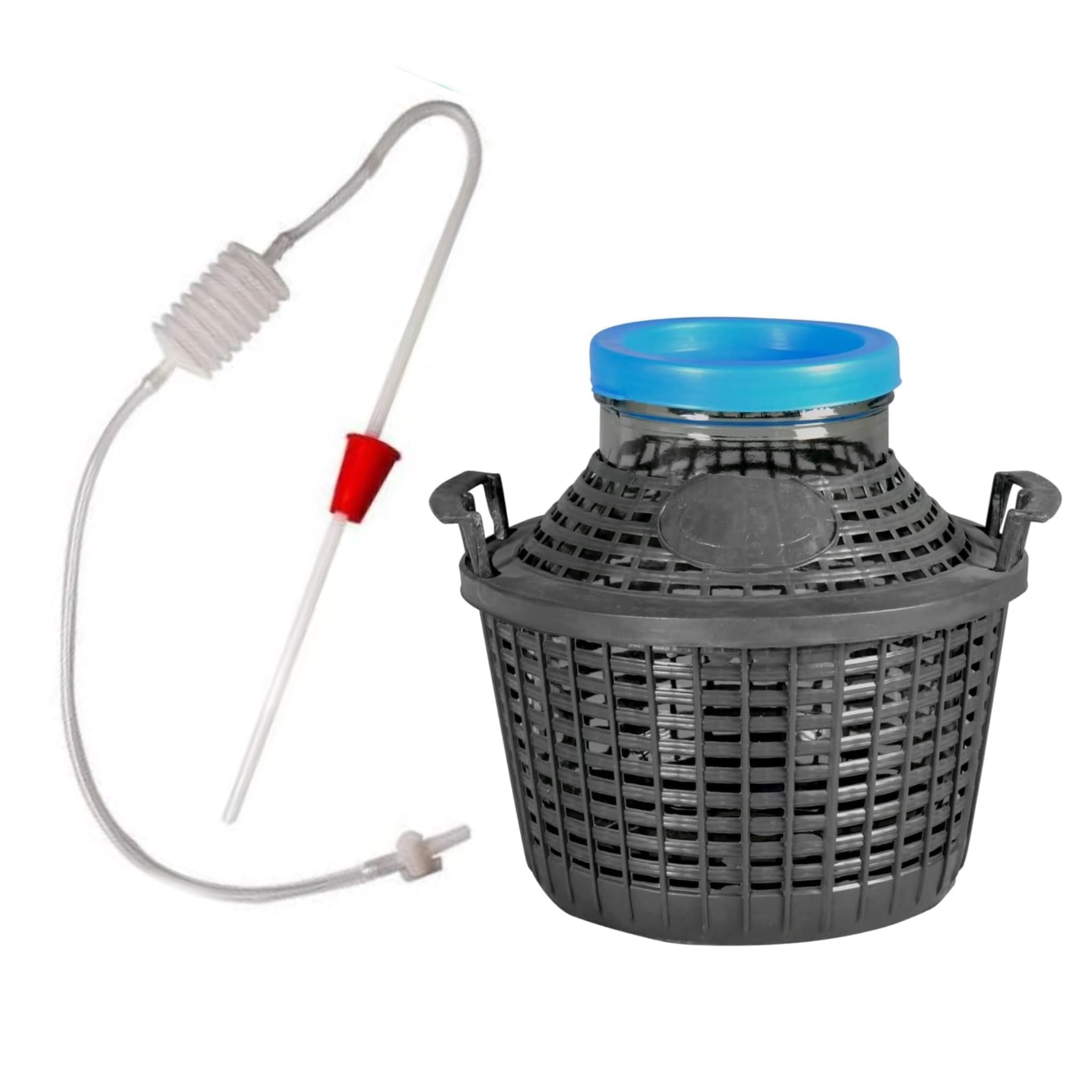 Damigiana verre 5L bouche large avec détonateur à poumon – Dama boccione en verre avec bouchon à pression de 5 L et panier comprenant transverseur à poumon avec robinet papillon pour huile et vin