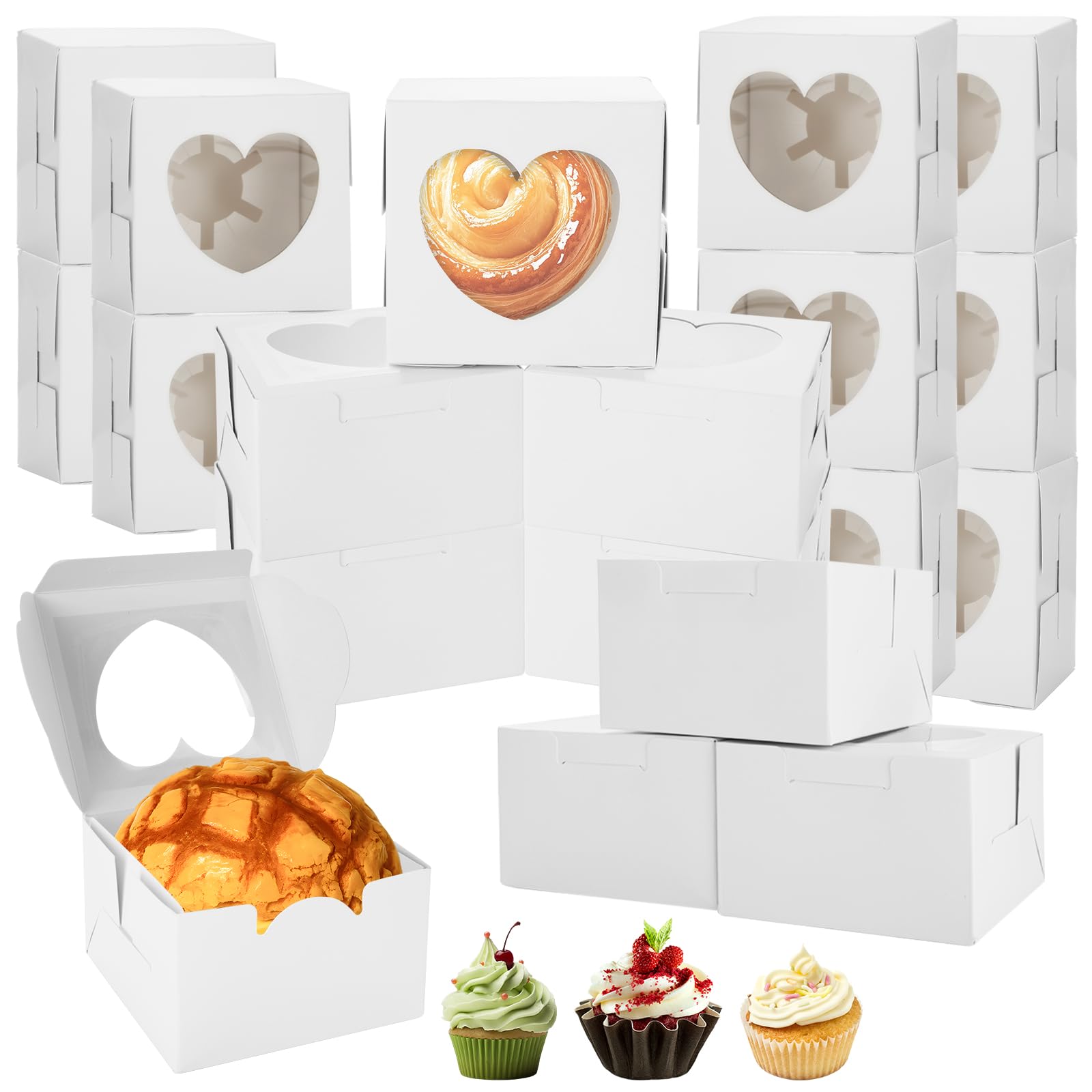 100 cajas para magdalenas y cupcakes, 10 x 10 x 6,5 cm, caja de galletas con ventana, caja de transporte para magdalenas blancas, para galletas, pasteles y postres