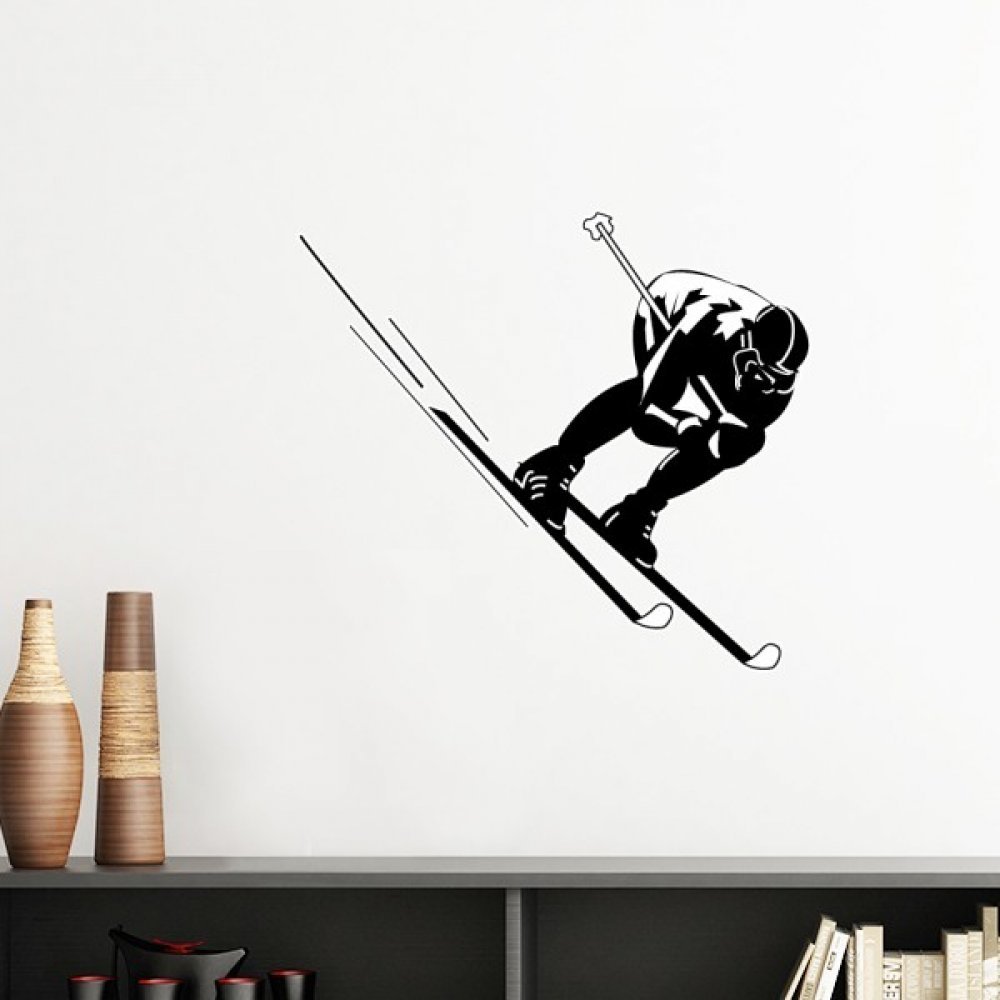 Sticker mural ski silhouette sport noir déco chambre décalcomanie amovible vert clair 50cm