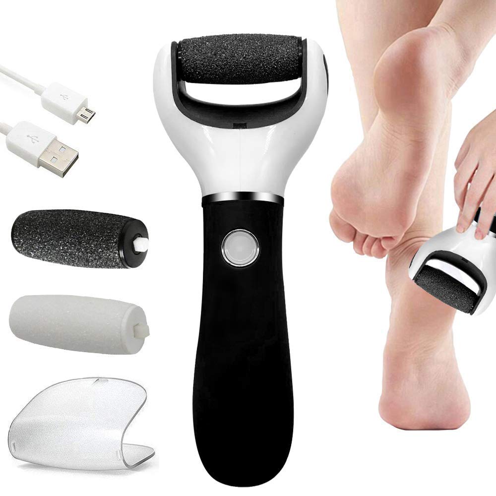 BOMPOWElectric Foot Scrubber Foot File Hard Skin Remover Pedicure Tools Electronic Callus kit for ed Heels and Dead Skin with 2 Roller Heads, Black