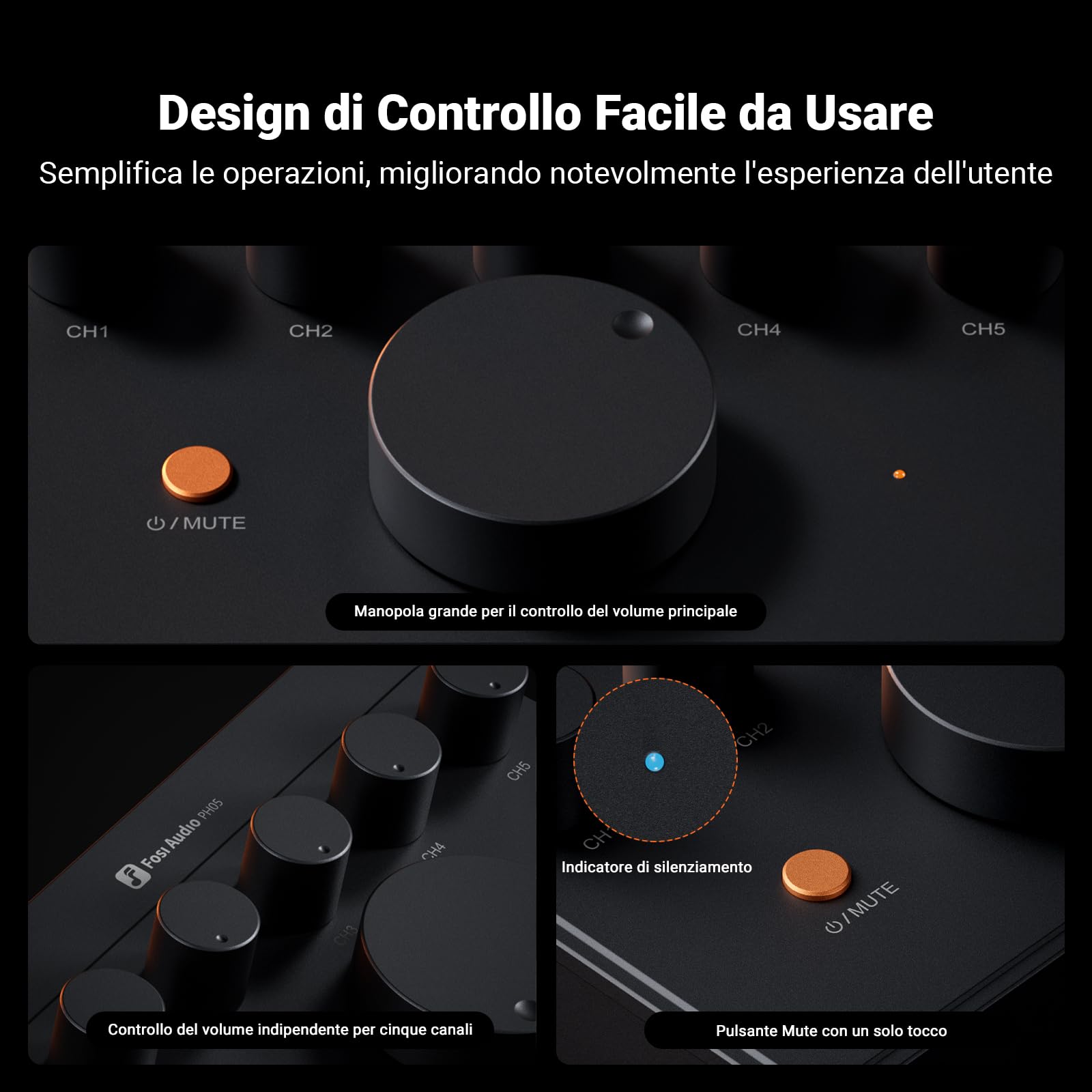 Fosi Audio PH05 Amplificatore per Cuffie a 5 Canali Stereo Compatto, Supporta IEM ad Alta Impedenza da 16-300 Ohm, per Mixer da Studio Musicale, Condivisione Audio, Monitor per Podcast
