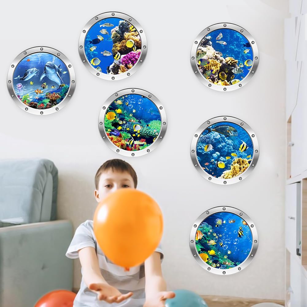 Set de 6 Adhesivos Murales 3D de Criaturas Marinas Cartoon Peces del Océano Stickers de Ventana Falsa Submarina para Habitación Infantil, Adhesivos de PVC Resistentes al Agua