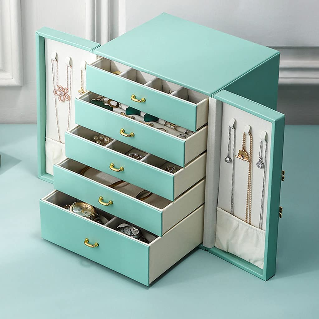 Schmuck-Organizer, Schmuckkästchen, Schmuckschatulle, Doppeltür, fünf Schubladen, Aufbewahrungsbox für Ringe, Ohrringe, Halsketten, Armbänder, Lippenstifte, Uhren, Aufbewahrungsbox, integriertes