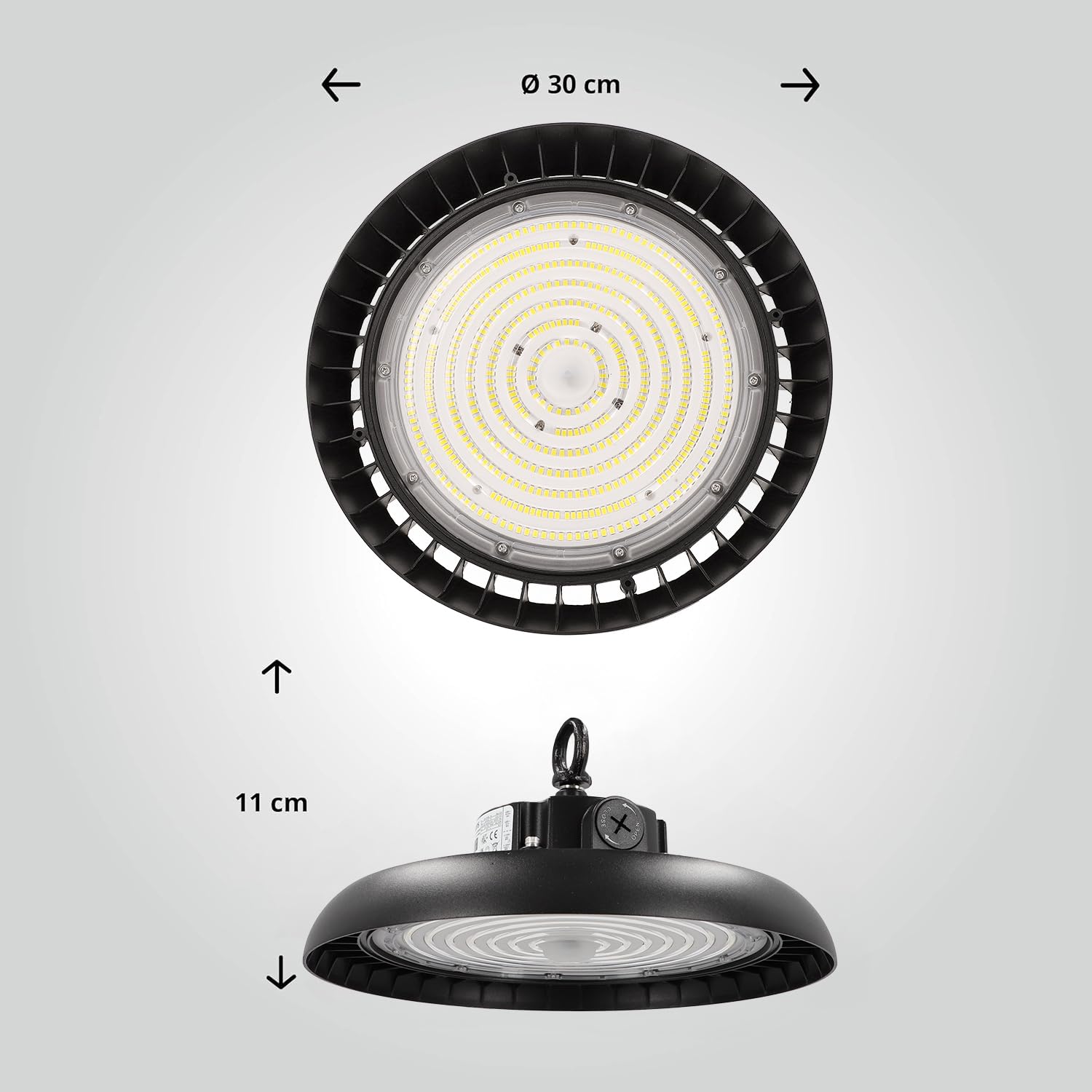 LED High Bay Hallenstrahler 150W mit PREMIUM-Marken-Treiber dimmbar (1-10V) kaltweiß 6000K 31.500lm 210lm/W 90° IP65 Industrielampe Werkstattbeleuchtung Ø300xH110mm 5 Jahre Garantie
