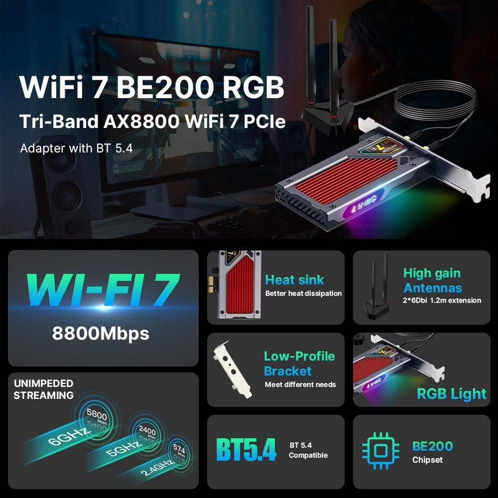 Fenvi WiFi 7 PCIe Card (FV-BE8800RGB) WiFi 7 BE200 Tri-Band 802.11BE BT 5.4 with RGB Lighting 320MHz Desktop Wireless Network Adapter Upgrade from WiFi 6/6E for Windows 10/11 (Not for AMD Motherboard)