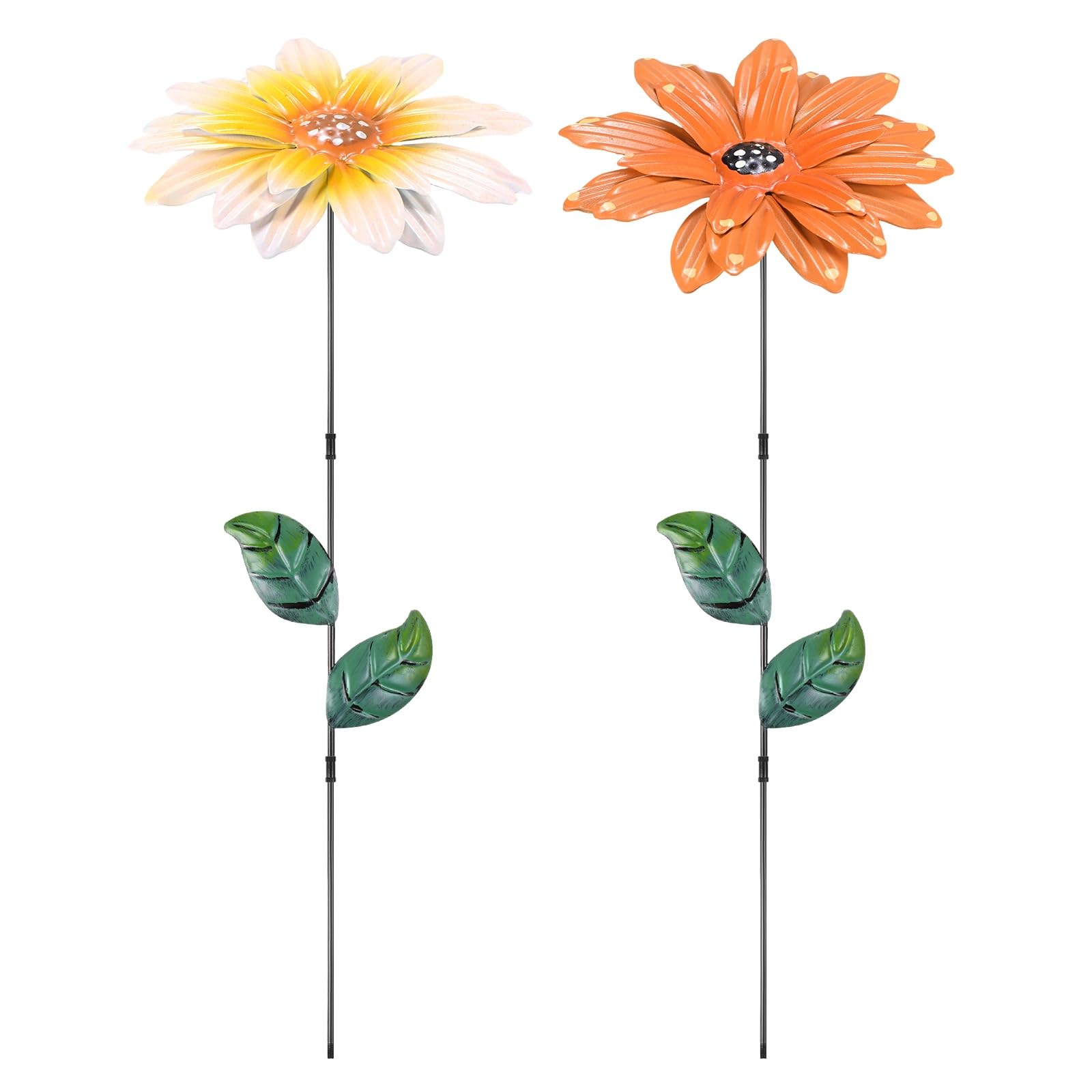 M METERXITY 2 Pack Large Flower Garden Decor Stakes, 13 Inch Waterproof Metal Garden Stakes Spring Decorative for Indoor/Outdoor/Lawn/Bed/Bouquets/Patio/Terrace/Home Decor [1 Yellow & Orange]
