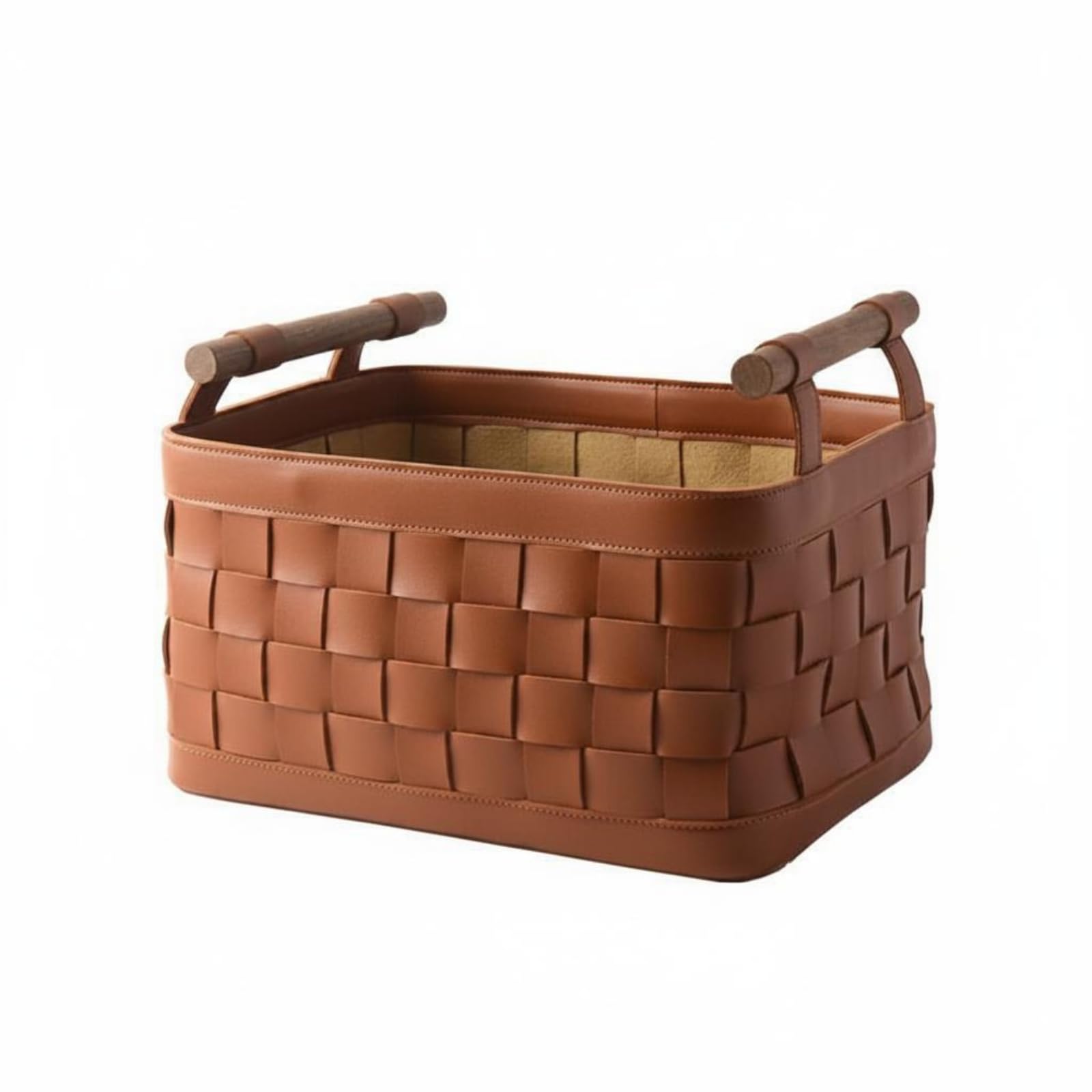 Cesta de Almacenamiento Elaborada en Cuero con Asas Ergonómicas de Madera para Organizar Lencería Ropa y Objetos Diversos Adecuada para Vestidor Dormitorio y Closet, Marrón Oscuro