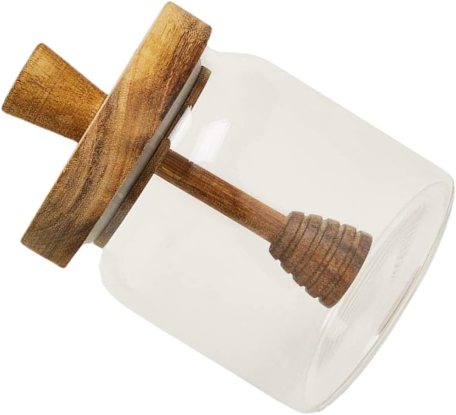 Glass Honey Jar With Wooden Dipper and Lid - Clear Container for Storing and Dispensing Bee Honey