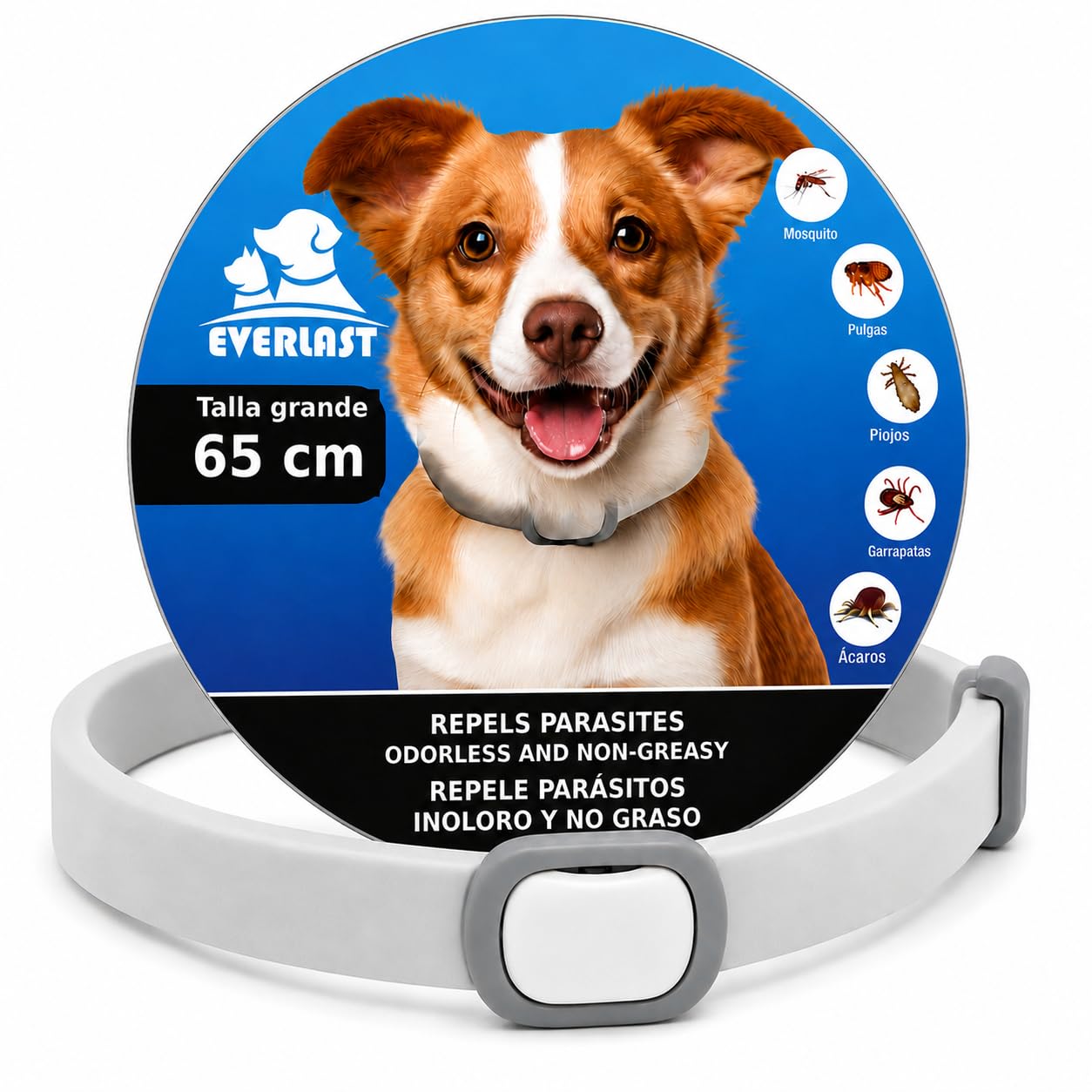 Collar Antiparasitario para Perros - Protección contra Pulgas, Garrapatas y Mosquitos hasta 8 Meses - Impermeable, Ajustable y Cómodo (1, Blanco, 65CM)