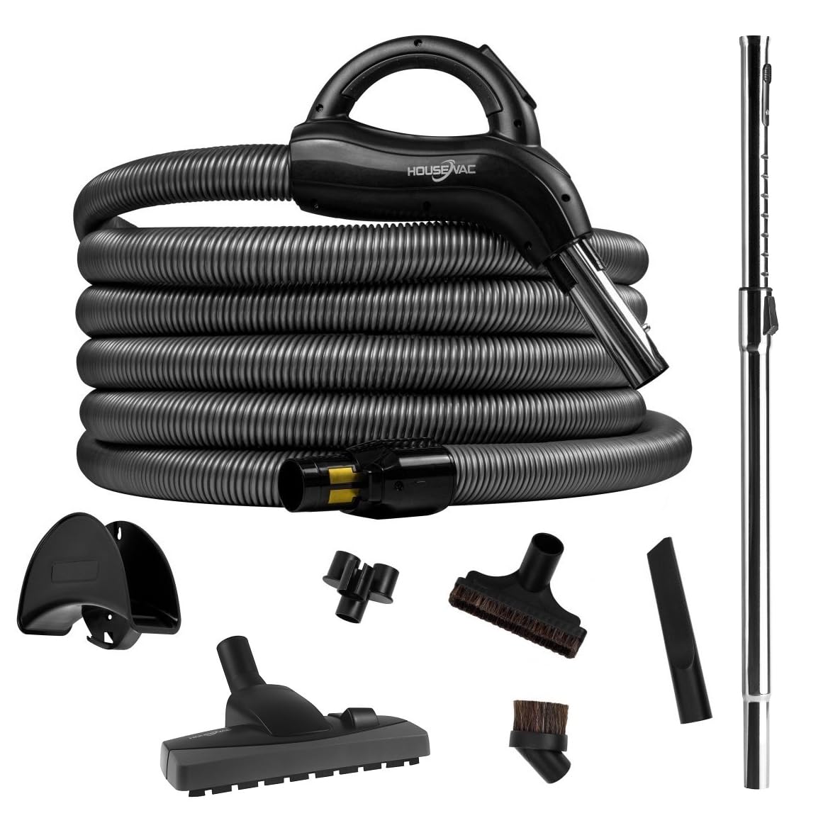 Juego de Accesorios de Limpieza HouseVac Premium, una Manguera 7.5m, un Tubo telescópico con Clip, un Cepillo de Doble función para alfombras y parquet, un Soporte de Manguera y un Juego de boquillas