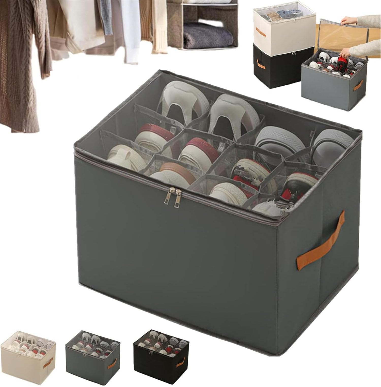 Pelinuar Emboadlie - Caja organizadora de zapatos de tela, caja de almacenamiento organizadora, organizador plegable para zapatos, almacenamiento de zapatos con cubierta transparente y asas