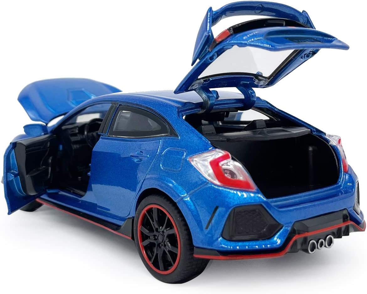 2017 Civic Type R Model Car Hatchback Sports Diecast Toy Cars 1/32 Scale Metal Pull Back Children's Die-cast Vehicles, Doors Open Light Sound, Boys Toys Kids Gifts Collection for Men, Blue